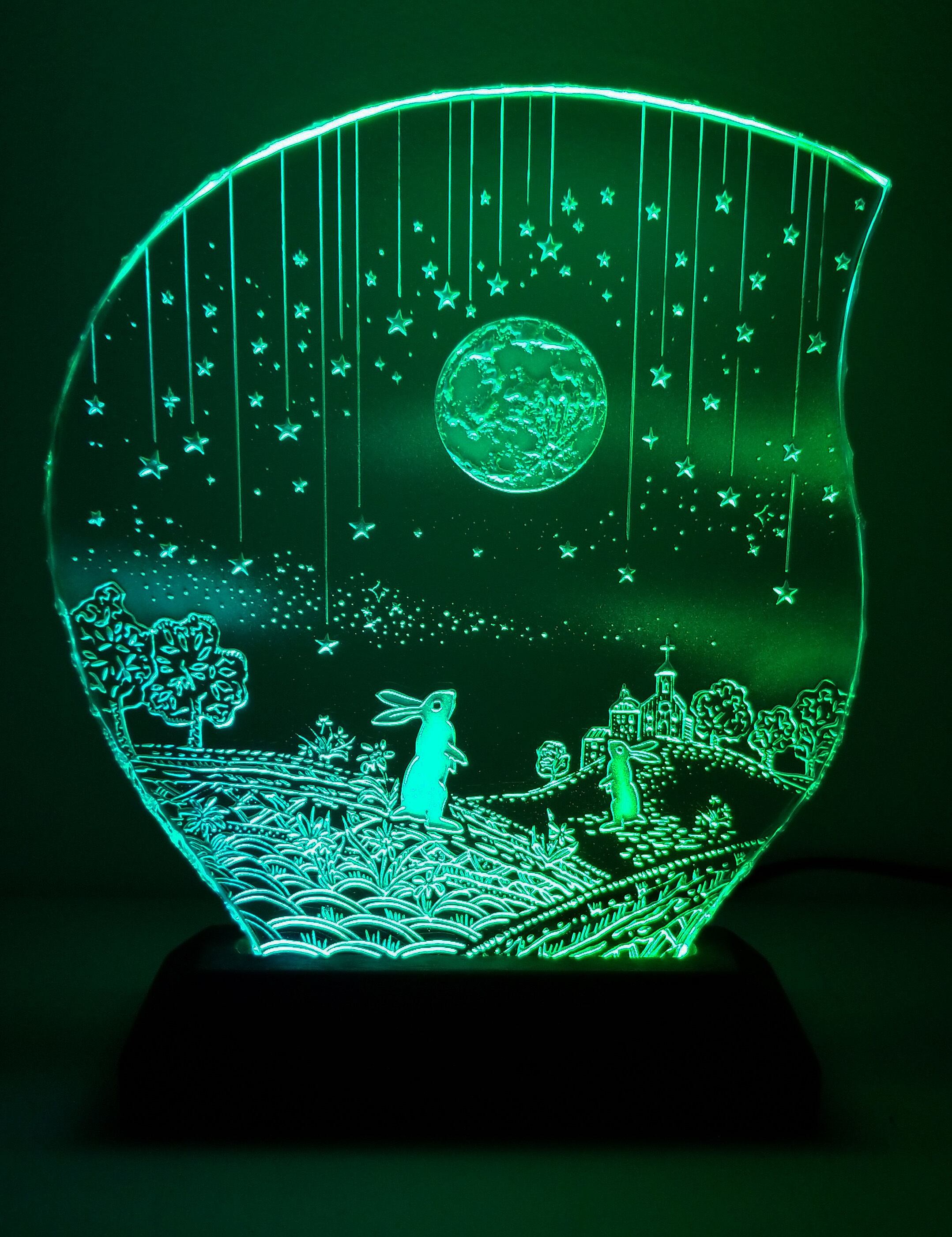 満月と2羽のウサギ ガラスエッチングパネル Mサイズ・LEDスタンド