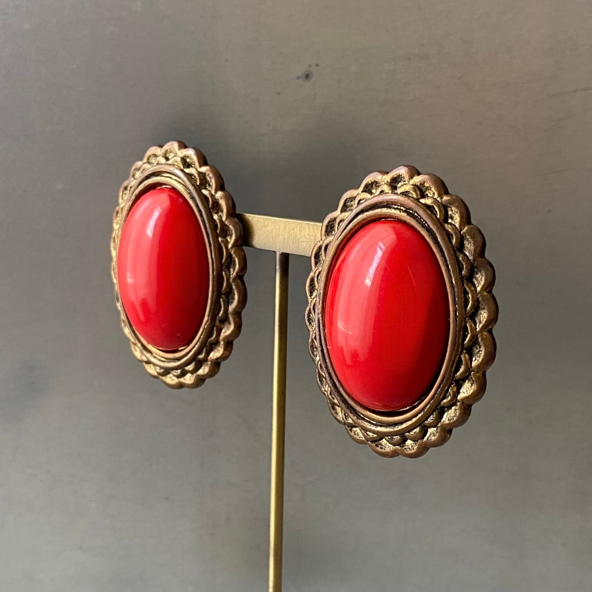 Vintage 80s USA retro red stone big earring レトロ アメリカ