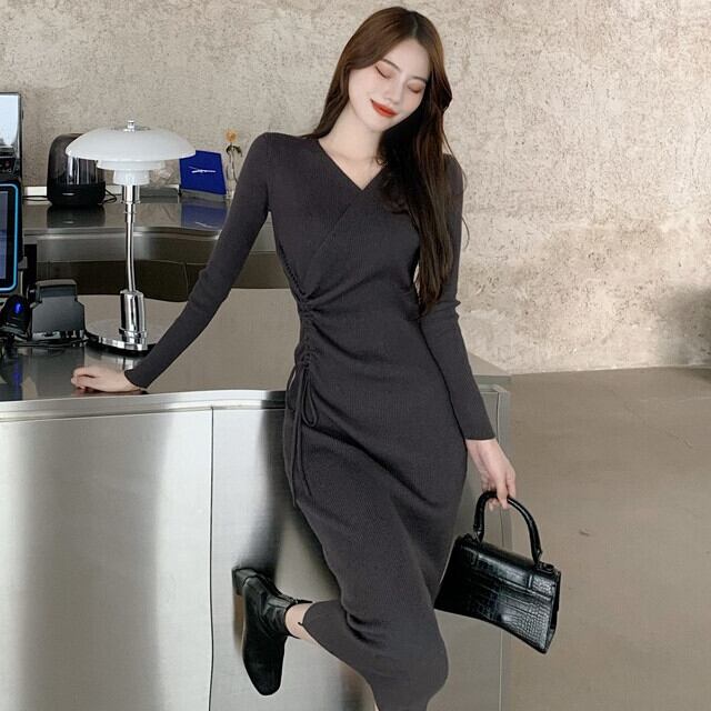 ワンピース レディース ロングワンピ カシュクール ドローストリング V