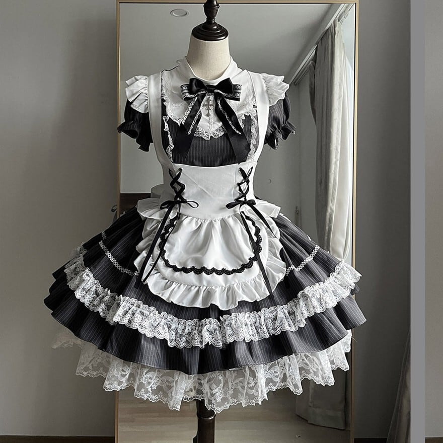 ロリータファッション メイド服 グレー白ストライプレースエプロン