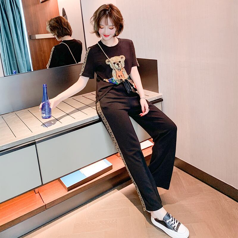 ラインストーンTシャツ ジャカード薄手ワイドレッグパンツ スプリング 春物 ワイドパンツ MIUCO18685544909