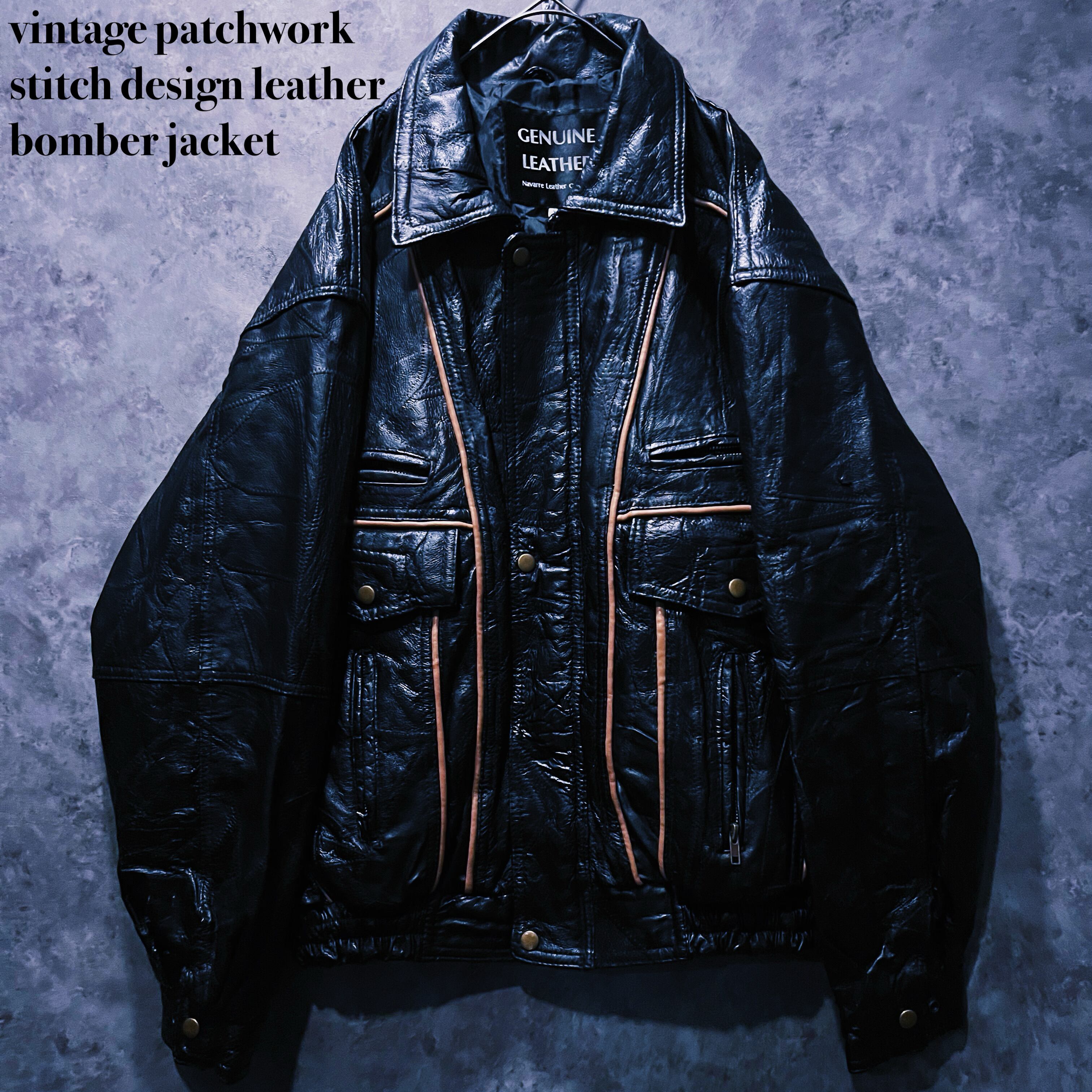 【doppio】vintage patchwork stitch design leather bomber jacket