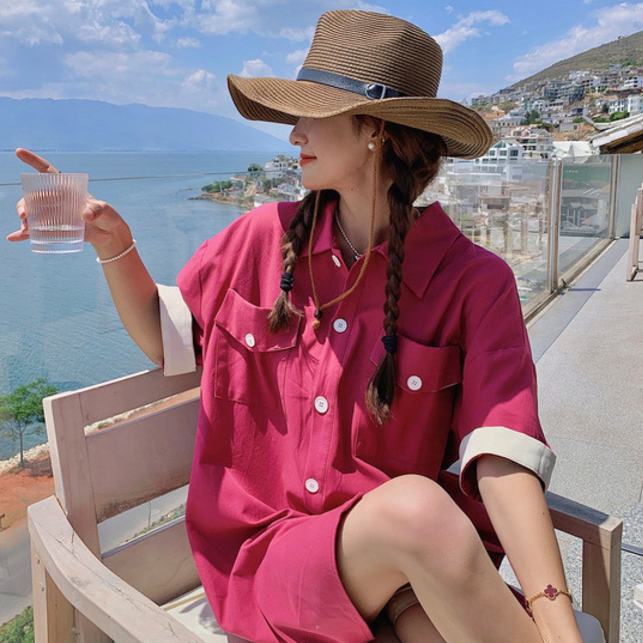 Flamingo-Colored Workwear Shirt Dress 5007