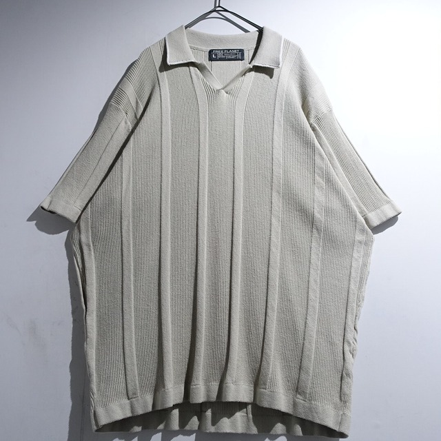 90s Begie Geometric Embroidery & Pleated Design Cuba Shirt