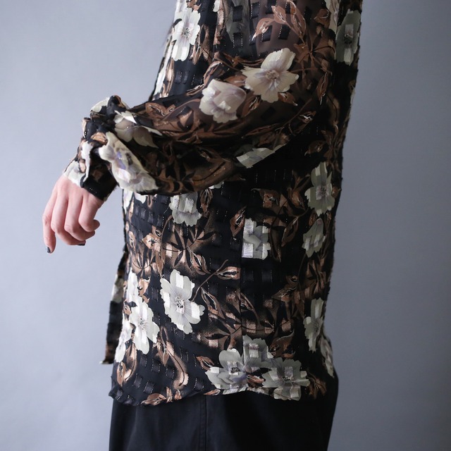 loose silhouette panel motif see-through flower design shirt