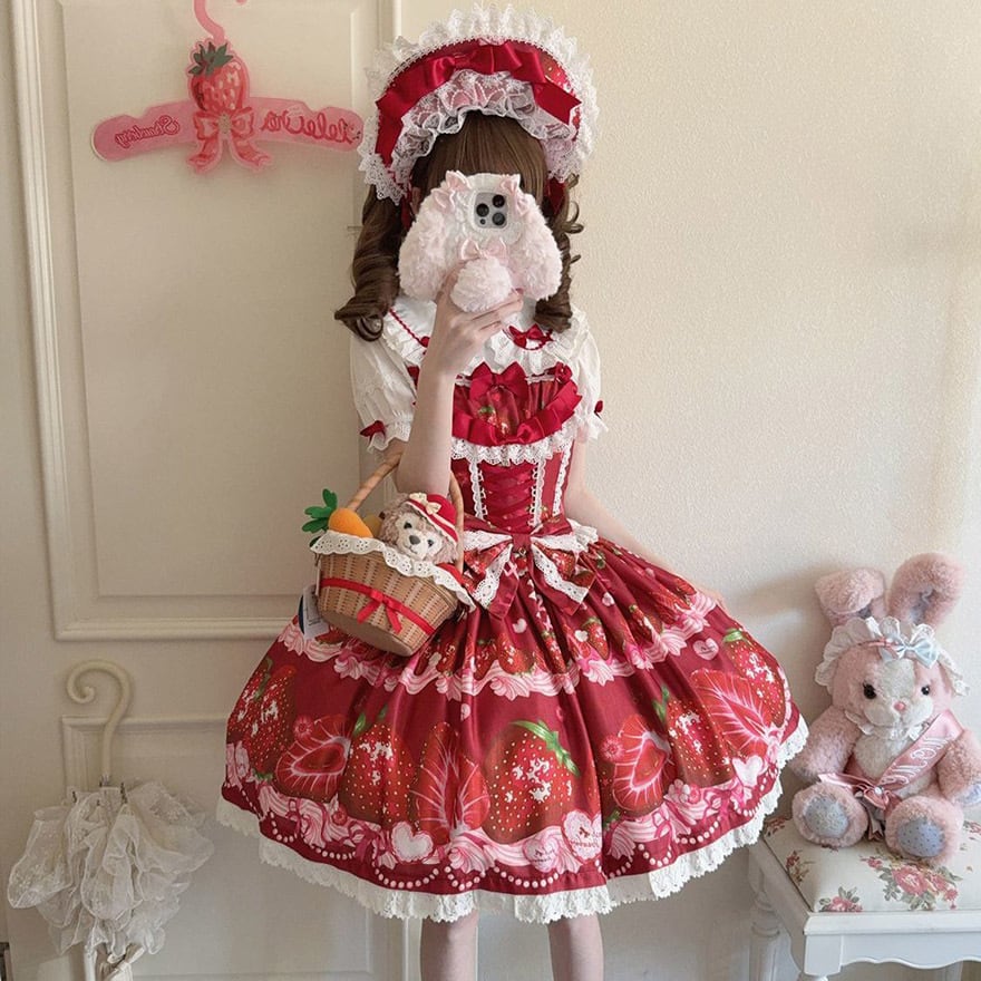1/7まで】ロリィタ 姫ロリいちご柄 ジャンスカ ワンピース ロリィタ
