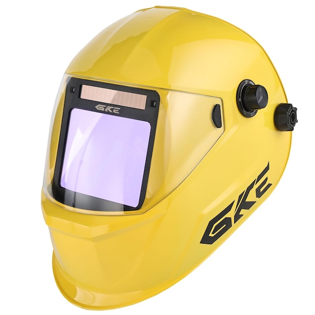 GKE 溶接面 自動遮光溶接面 0.0001秒超高速自動遮光 遮光度DIN3.5/5-9/9-13 ヘッドギア装備 鮮明な色を映す広視界 明るい液晶画面 ソーラーパワー充電式＋電池交換可能 溶接マスク 軽量PP製設計 使いやすい溶接ヘルメット UV/IR DIN16保護 MIG TIG ARC MAG 研磨 プラズマ切断対応