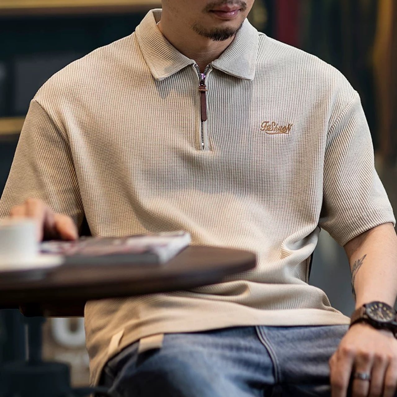 ワッフル生地 ハーフジップ ポロシャツ 00390