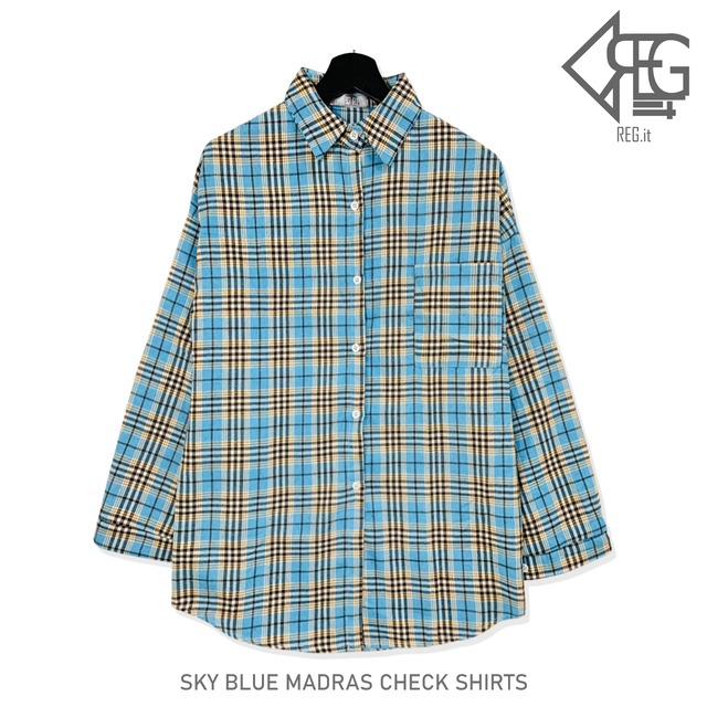 【REGIT】【即納】SKY BLUE MADRAS CHECK SHIRTS 韓国ファッション トップス シャツ チェック柄 マドラスチェック 10代20代30代 水色 かわいい おしゃれ 着回し