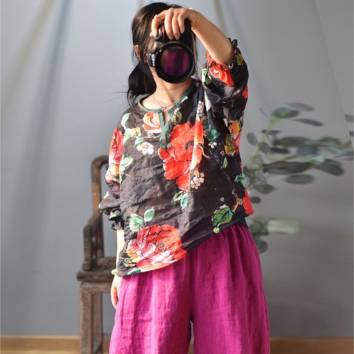 スタイルプリント柄シャツ カジュアルルーズブラウス スプリングサマー ロング 春物 夏物 Yiranxuaディースワード97851367231