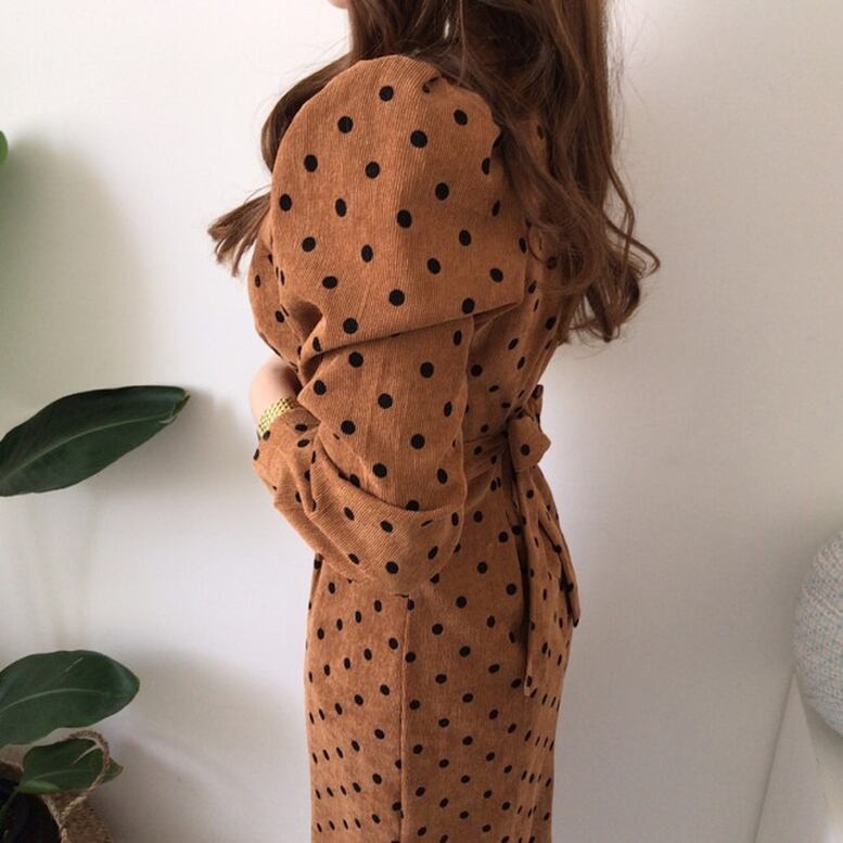 ドット柄レトロワンピース】長袖 タイト Vネック ロング 冬ワンピース