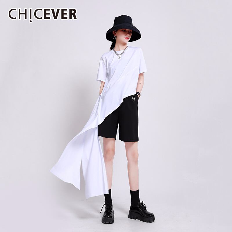 CHICEVERアシンメトリーレディースTシャツOネック半袖ラージサイズルーズシャツサマーミニマリスト ショート ハーフスリーブ 大きめサイズ 夏物 6base590955413601