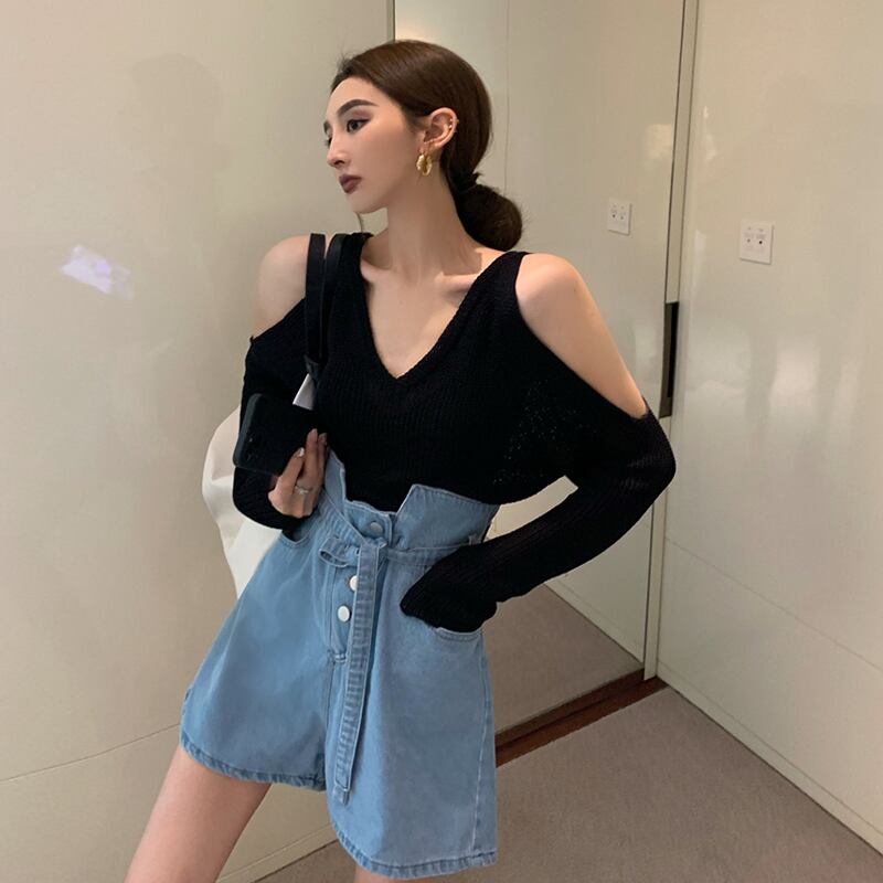 サマーブラックストラップレスニットトップス ハイウェストウェストカジュアルショーツ レディース 夏物 ブルマー YY-ファッション26020143211