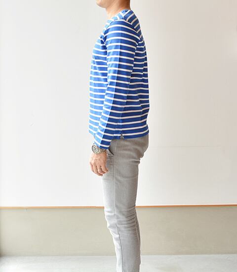 RINEN(リネン)10/1オーガニック天竺ボーダーリーフネック(14604)スモークブルー(35)　3size