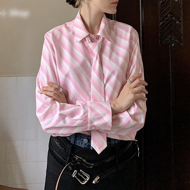 pink stripe blouse 〈t100194〉