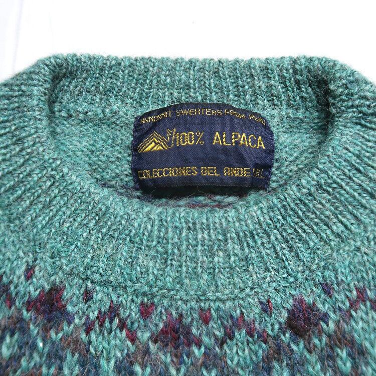 古着 総柄 フェアアイル柄 アルパカ ニットセーター グリーン系 表記