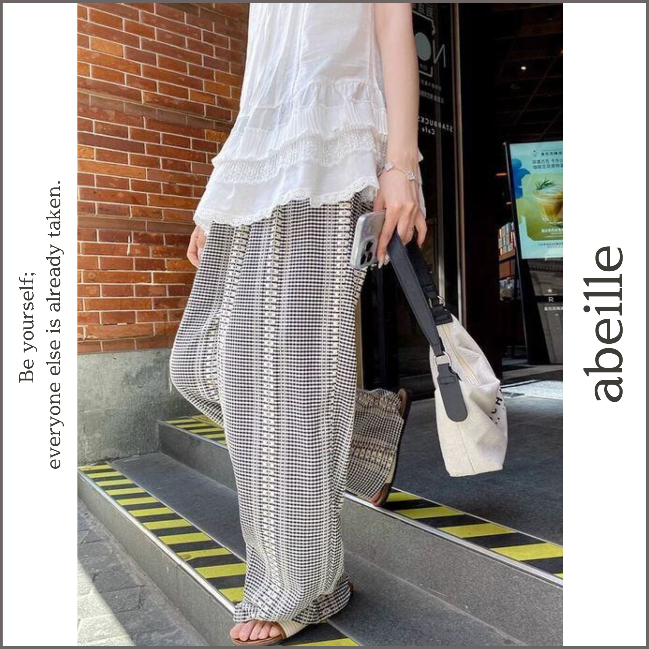 lace tape gingham check wide pants 14599