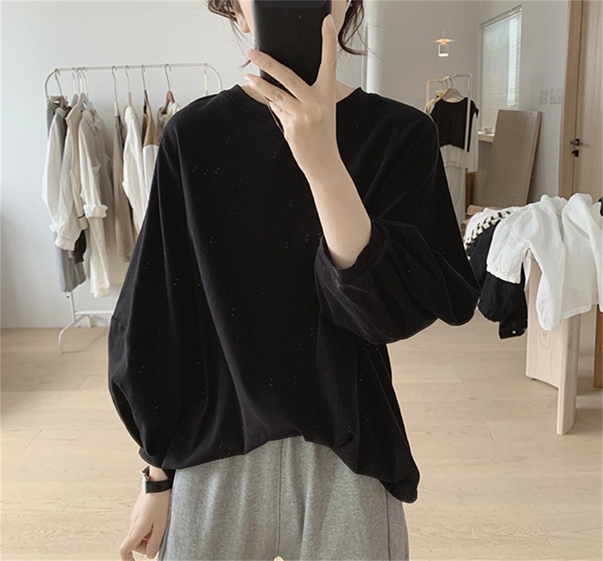 初回送料無料 日系ゆったりトップス Tシャツ 七分袖パフスリーブコットンブラウス 人気上着