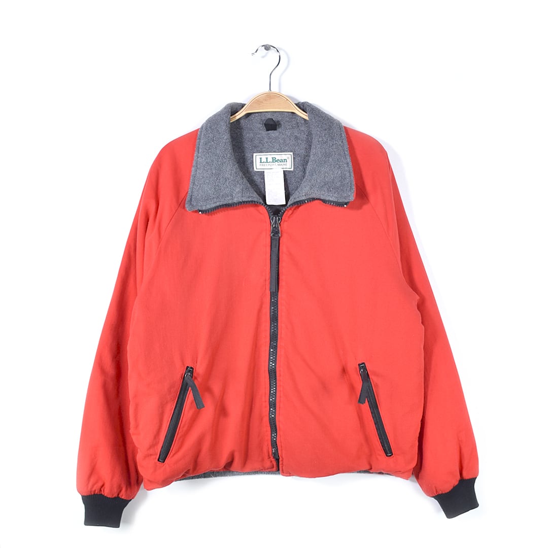レア 80s エルエルビーン USA製 ナイロンジャケット ウォームアップジャケット 赤黒 内フリース L.L.BEAN ヴィンテージ アウトドア メンズL相当 古着 @DD0407