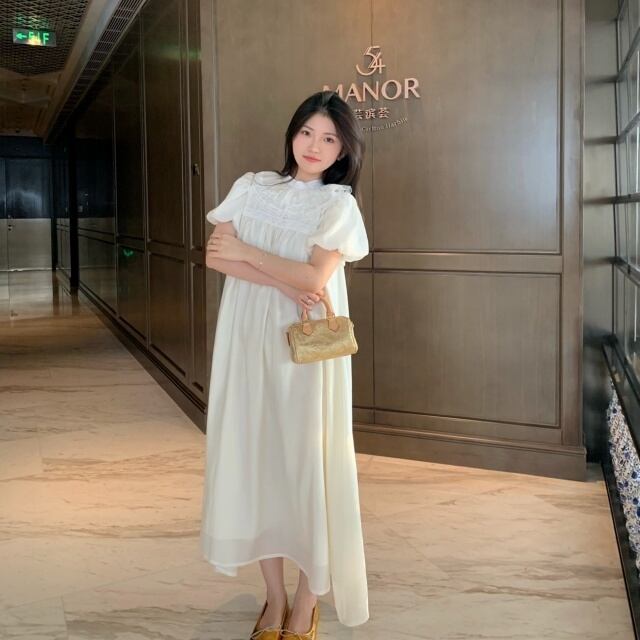 【予約販売】ワンピース レディース 半袖 フレア ロングワンピース アイボリー 襟 こなれ感 パーティー 結婚式 ワンピ 大人可愛い ドレス エレガント上品 韓国 S/M/L