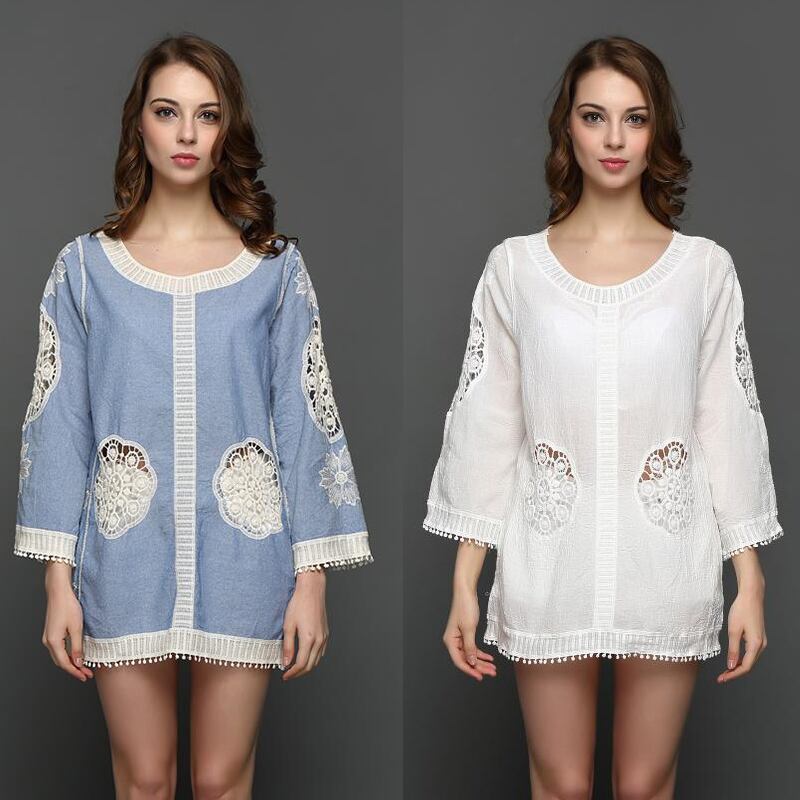 七分袖 フリンジ 花柄刺繍 チュニック