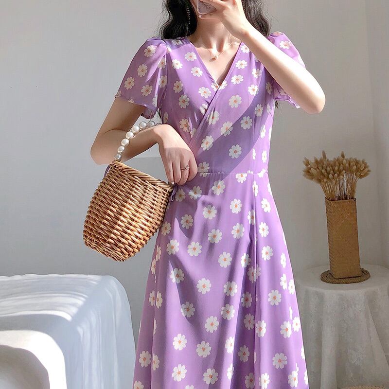 ロング丈ワンピース カジュアルワンピース レディースファション 普段着 デート 女子会 通勤 Xs S M L 気質良い 合わせやすい レトロ 清新 森ガール Vネック 花柄 パープル 紫色 プリント Elegant