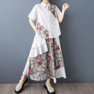 EMBROIDERED MESH STITCH HALF SLEEVES SHIRT & A-LINE SKIRT SET 2pieces 2colors M-14165