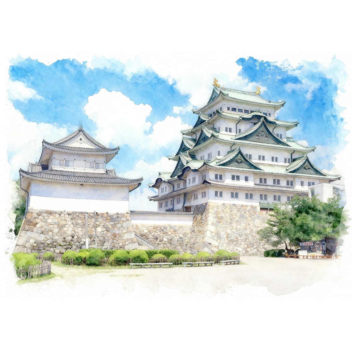絵画 風景画 日本の 城 愛知県 名古屋城 インテリアアート額付き 水彩画風 WAT1739