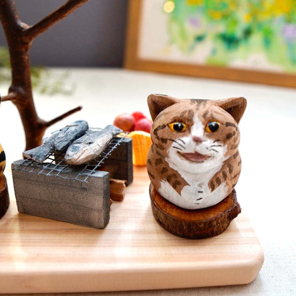 木彫り 猫 置物 魚籠 職人技 木彫り猫 330 置物 | Forest cat