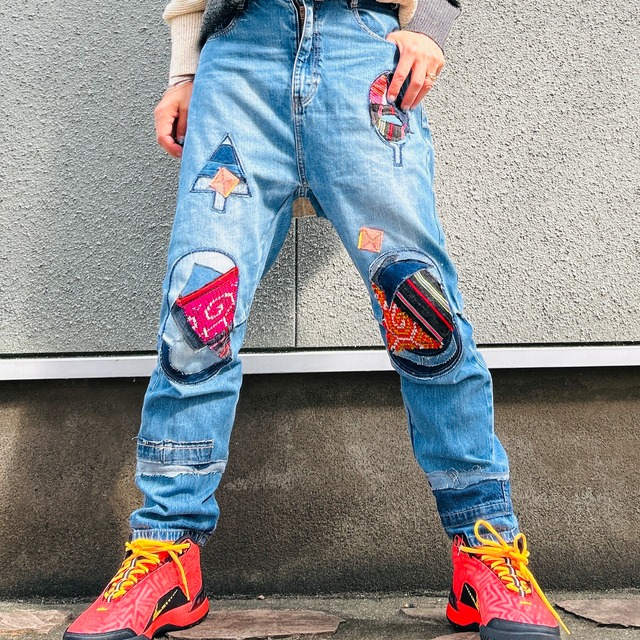 モン族リメイクデニムサルエル