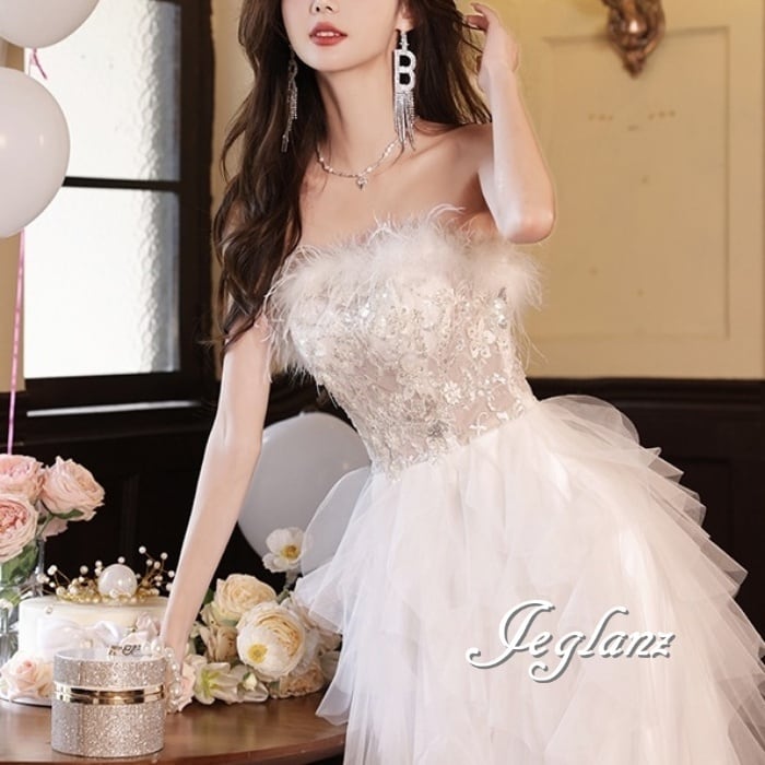 2色 パーテイ イブニングドレス フェザー付き レイヤード チュール(M6659)