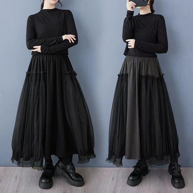 MESH FLAP ELASTIC WAIST A-LINE LONG DESIGN SKIRT 2colors M-16555