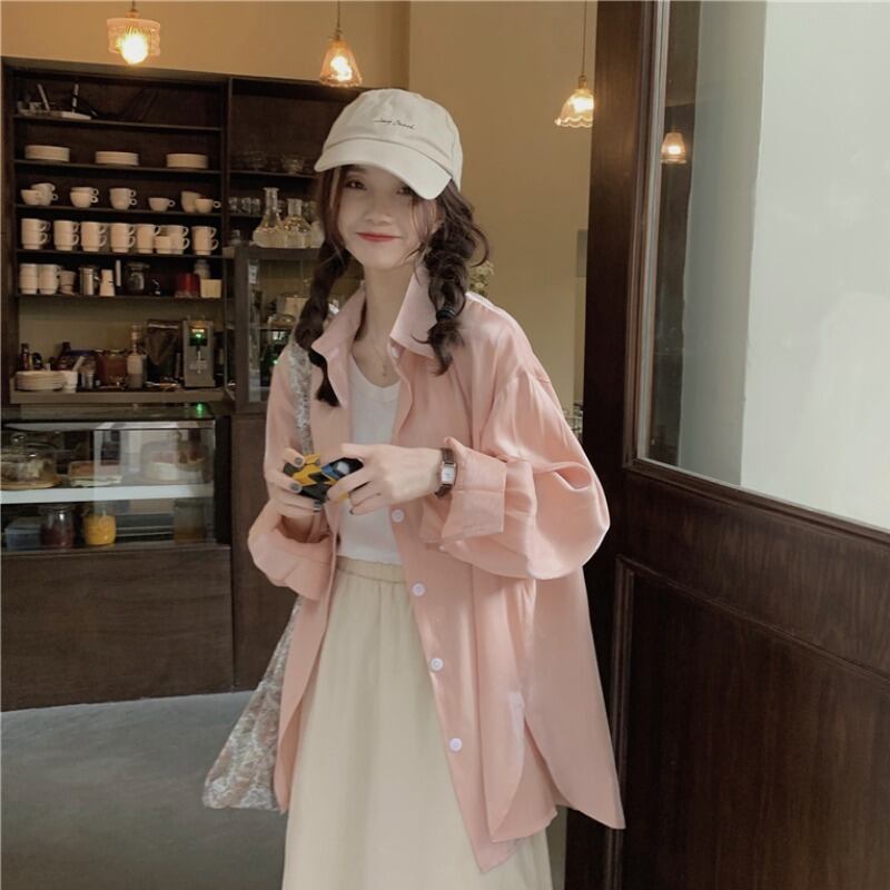 オータムスタンダードシャツ ルーズトップス レディース ロング ピンク レトロ 秋物 YY-ファッション31385838916