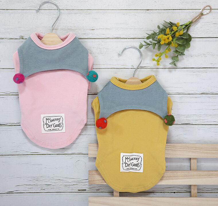 ポンポン襟Tシャツ S ~ XL 2color  /  犬服 トップス ドッグウェア 春夏 新作 犬の服 犬 猫 小型犬 中型犬