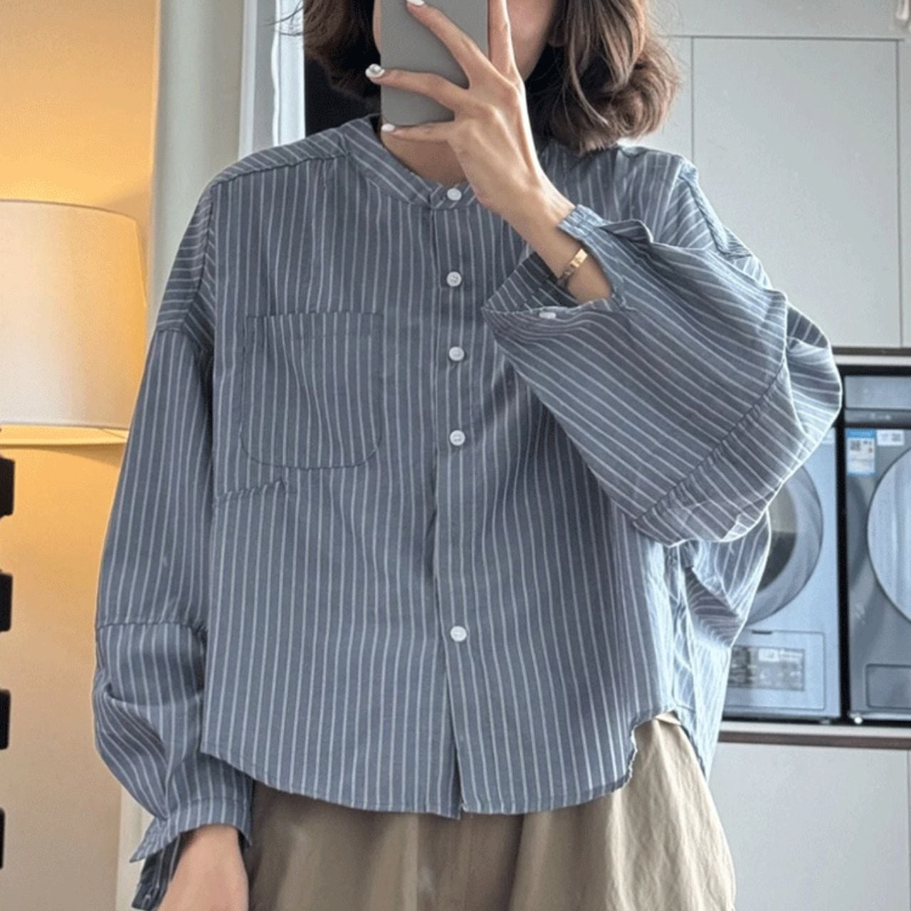 バンドカラー ドロップショルダー シャツブラウス Ln00345