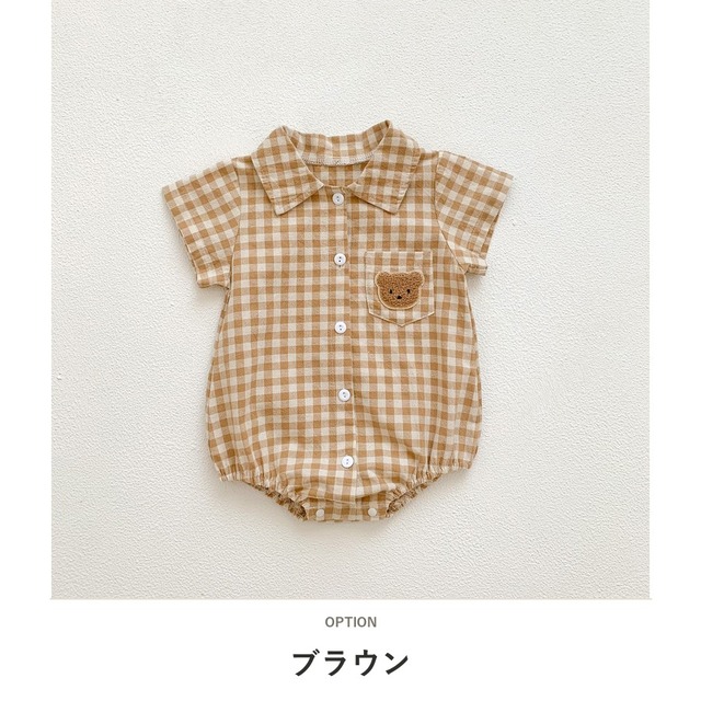 【BABY】くまパッチチェック半袖シャツロンパース - 2