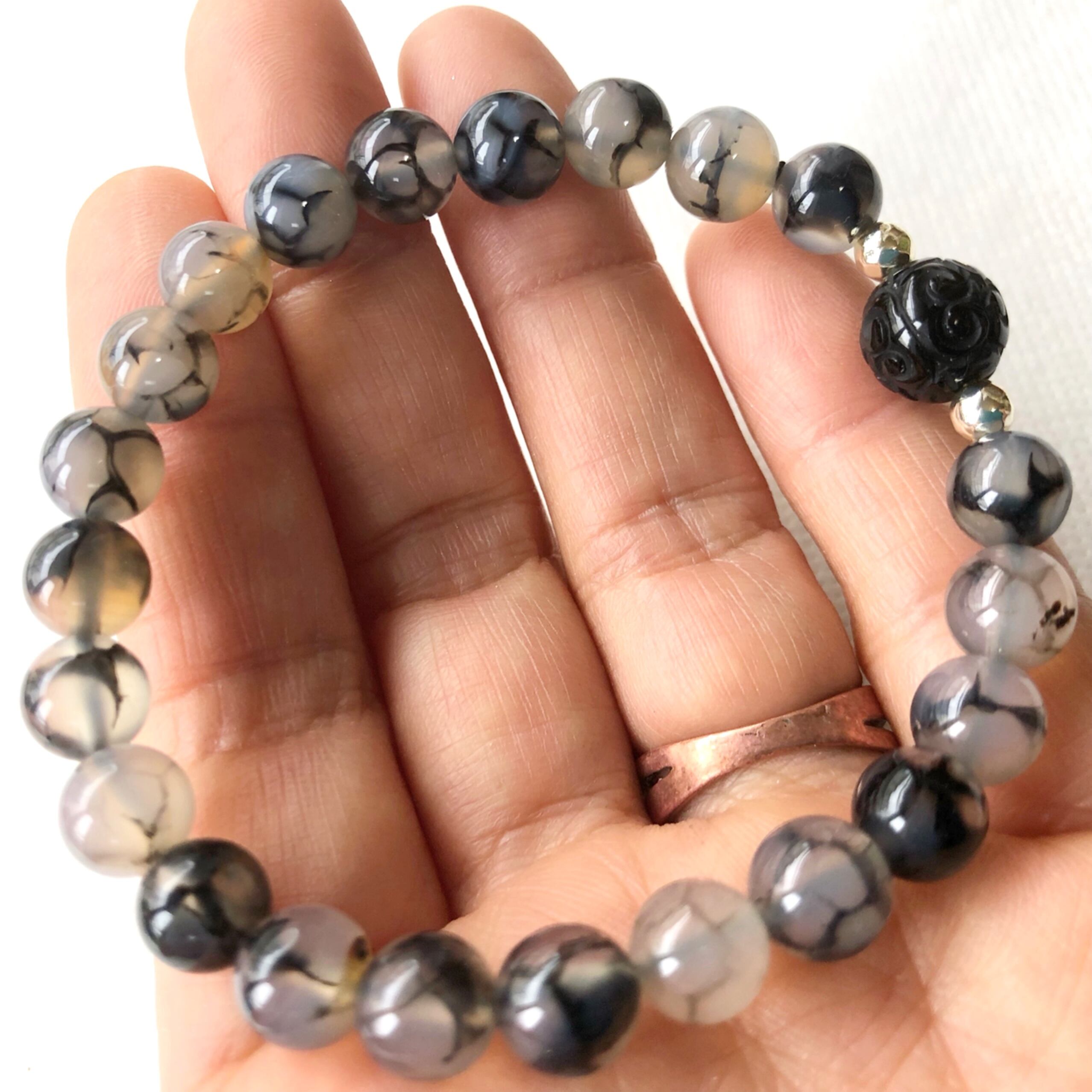 魔除け☆モリオン回紋珠×龍紋瑪瑙 天然石ブレスレット パワーストーン