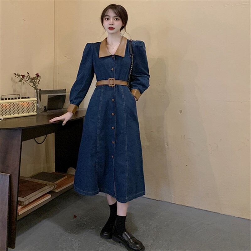 ワンピース ロングスカート デニムワンピース 膝下 ロング ロング丈 袖あり 長袖 襟付き スリム ベルト ボタン デニム かわいい 大人可愛い きれいめ シンプル カジュアル 大人 おしゃれ かっこいい レトロ 大人女子 ラブリー キュート ガーリー 甘い 無地 春 秋 10代 20代 30代 レディース 女性用 ママ 通学 デート お出かけ 女子会 休日 イベント 旅行 ショッピング 着回し 普段使い お揃い 双子 韓国 韓国系 オルチャン ファッション 楽ちん L XL 2XL 3XL 4XL