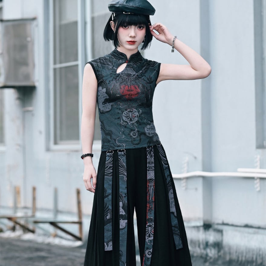 中華ゴシック ノースリーブトップス チャイナ襟サブカル参戦服