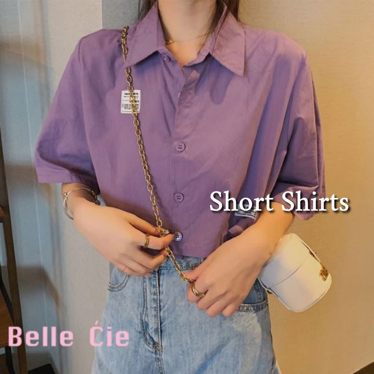 ショート丈 シャツ 韓国ファッション 短丈 オルチャン 半袖シャツ 短め 丈 トップス シャツブラウ