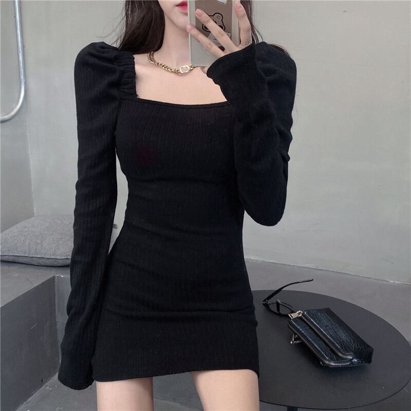 ドレス スタンダードスリーブブラック長袖ショートスカート スプリング ロング レトロ 春物 ブラックストロベリース4107900064