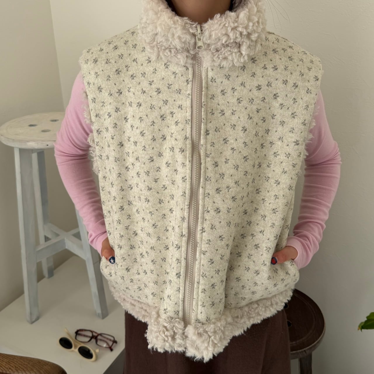 Prince リバーシブル　ボア・花柄ベスト 花柄リバーシブルボアベスト_LN03740 | lanan(ラナン)