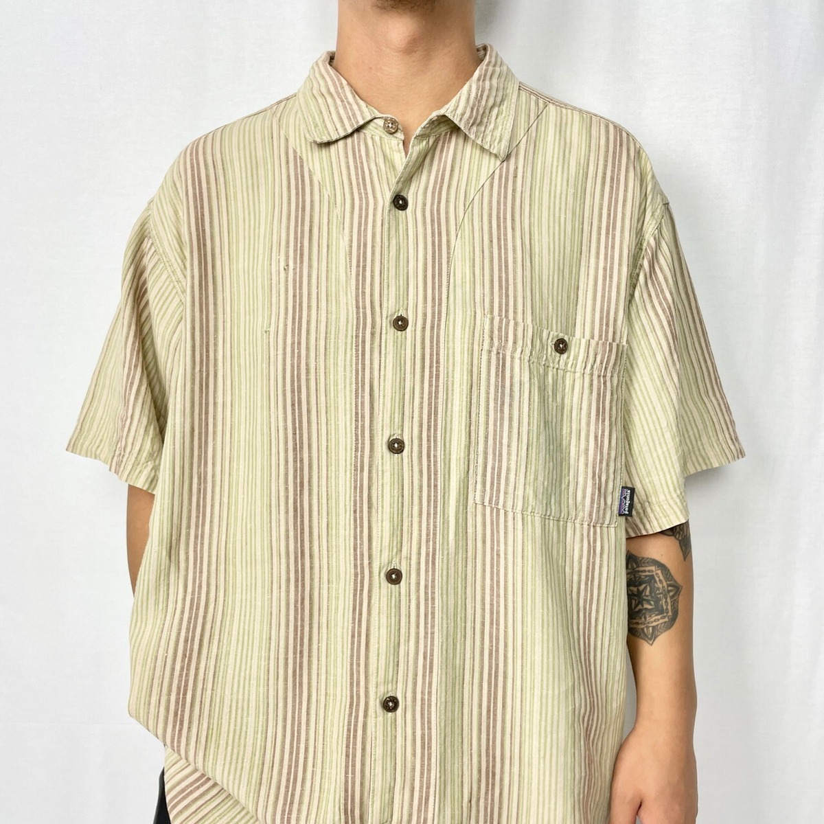 08年製 patagonia パタゴニア ヘンプ 麻 半袖シャツ ストライプシャツ 