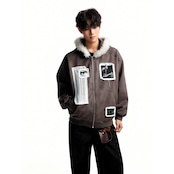 ストリート ファーカラーパッチプリント ジップパーカー T2021