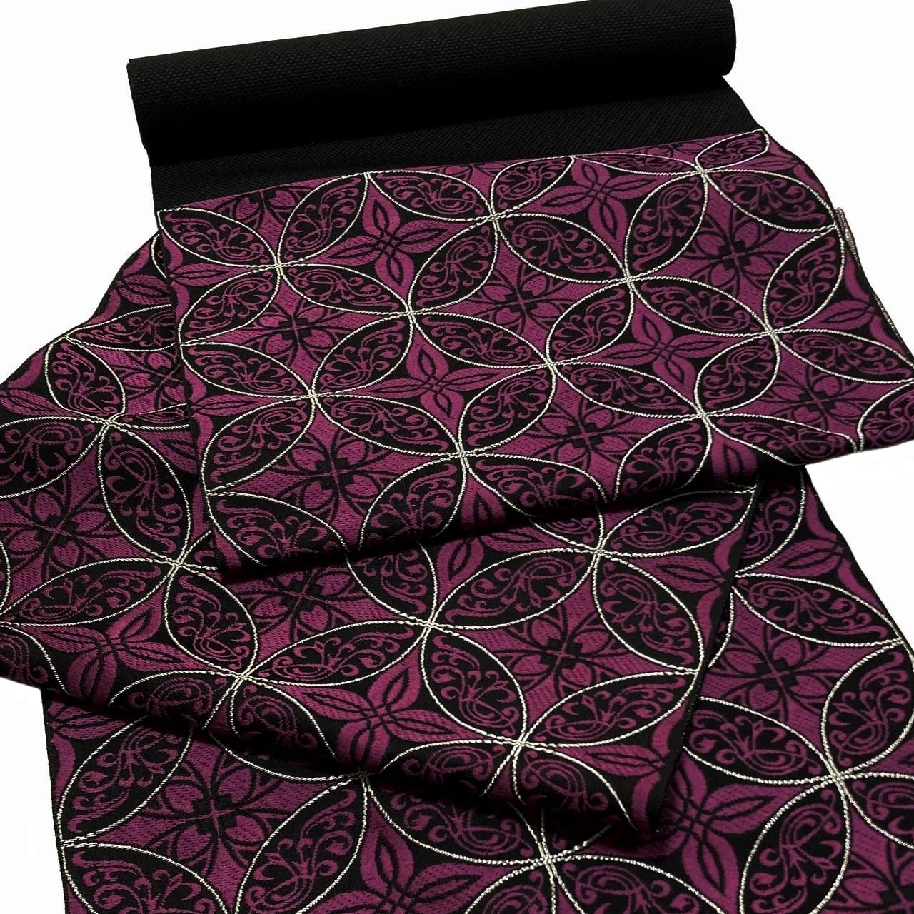 博多織 名古屋帯 華七宝 紫 八寸帯 正絹 日本製 特選品 七宝 花菱 八寸