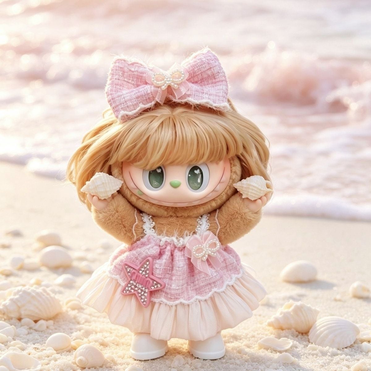 Labubu 1～3代用 かわいい 星リボン チュールワンピース+ヘア