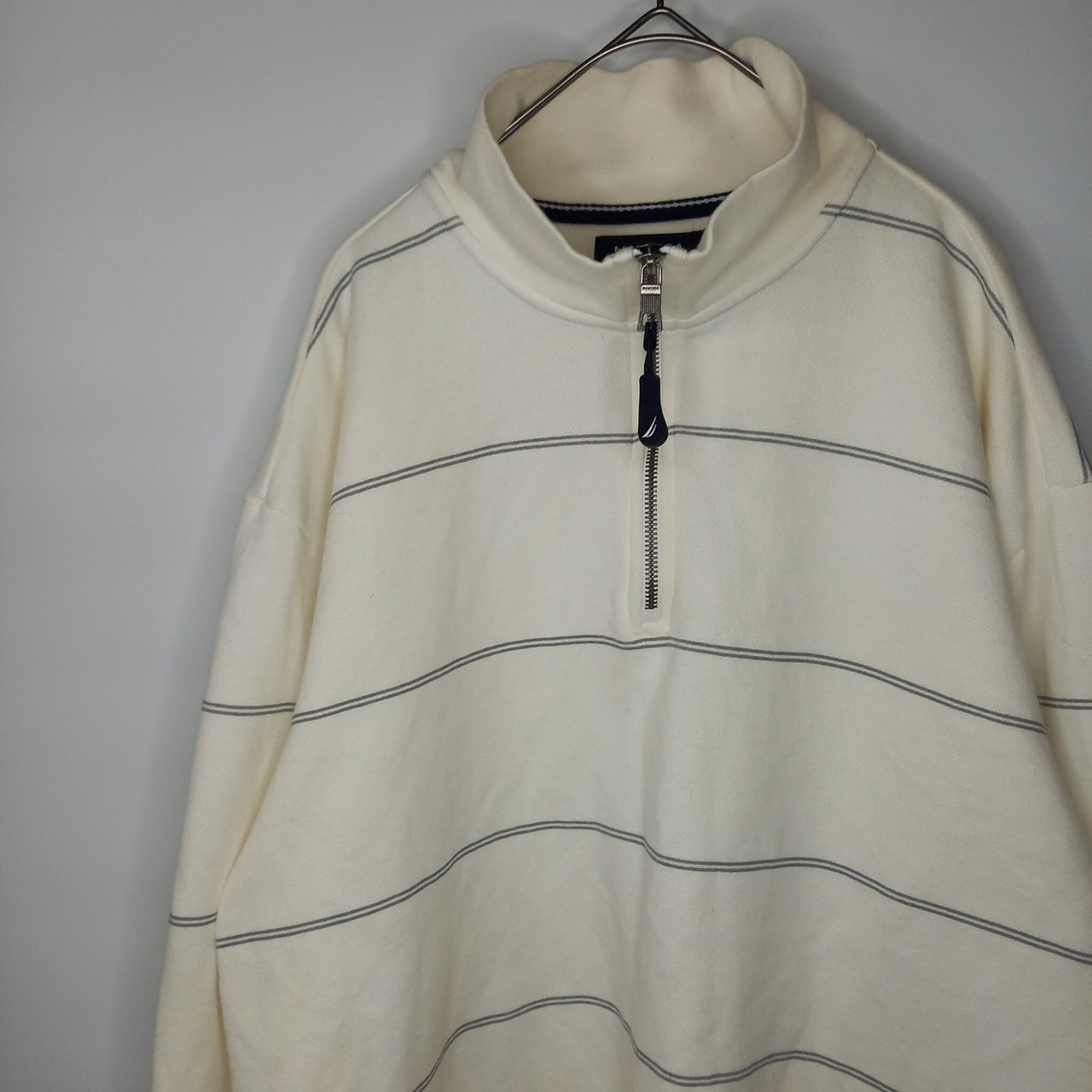 ノーティカ　ハーフジップ　スウェット　トレーナー　ボーダー　刺繍　ホワイト　L