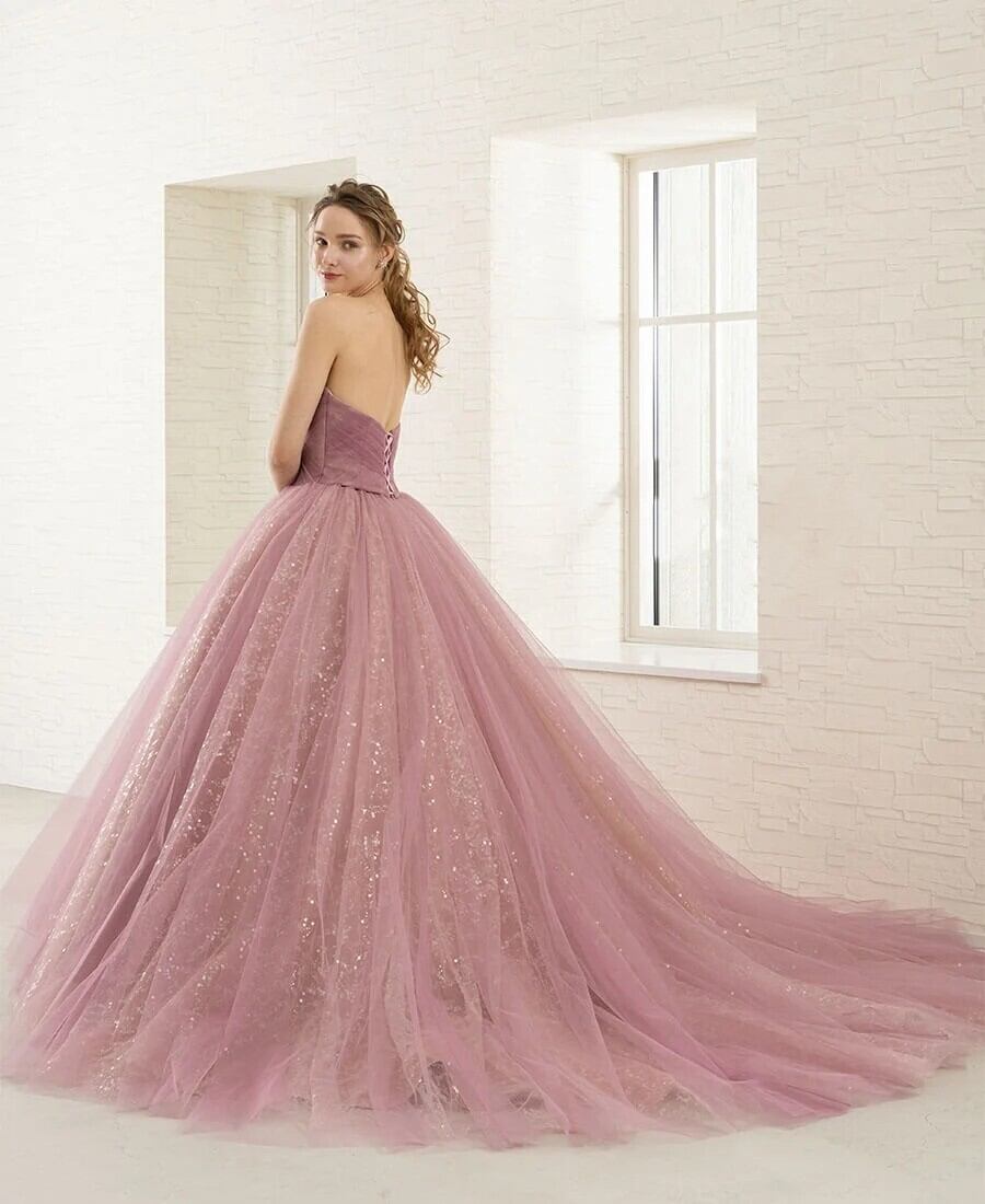 カラードレス ピンク チュールスカート ビスチェ プリンセスライン 前  