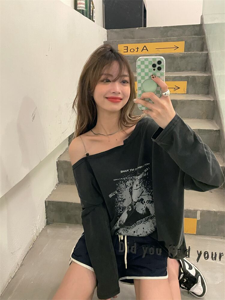 スタンダードストラップレスルーズTシャツ シャツ オータム薄手 ロング レトロ 秋物 モンロー82567987195