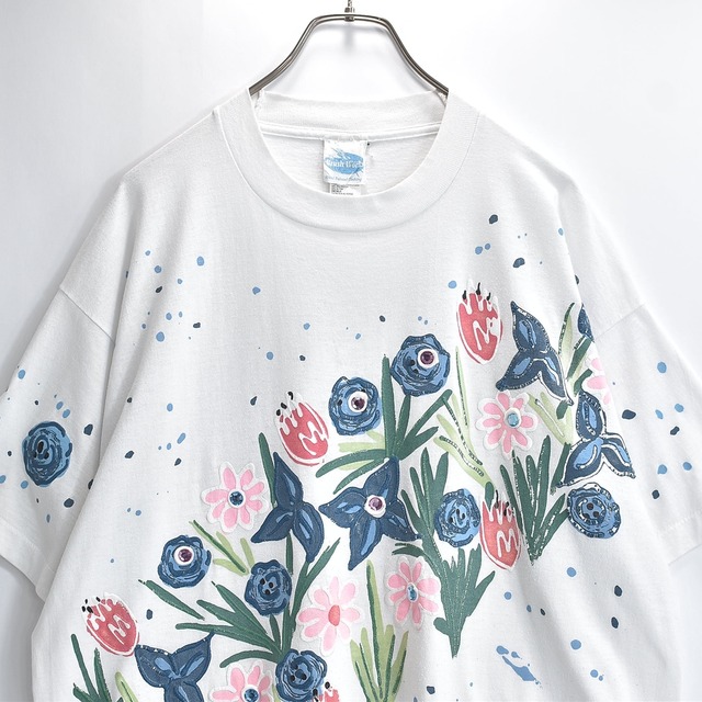 90s USA製 Brush Works ブラッシュワークス 半袖 Tシャツ ハンドペイント 発泡プリント ラインストーン 花柄 アート シングルステッチ ホワイト USED ヴィンテージ ビンテージ 古着 メンズ L